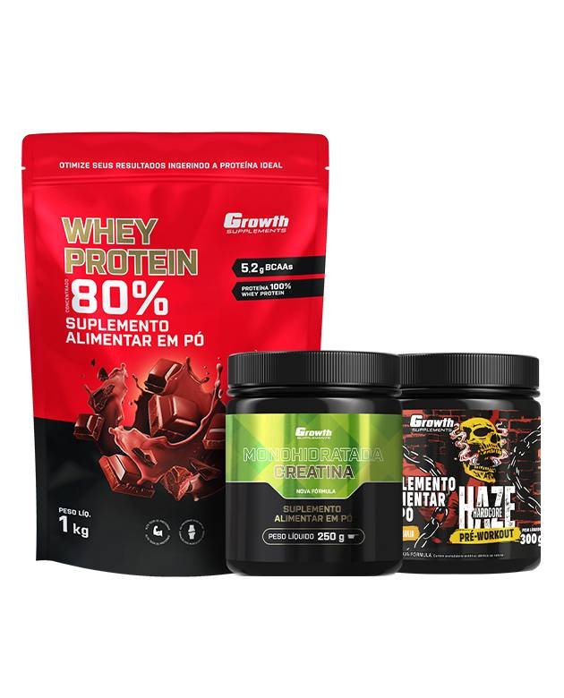 Kit Whey Concentrado 1Kg + Creatina 250g + Pré-Treino Haze 300g